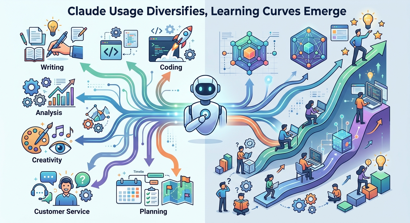 Claude Usage Diversifies, Learning Curves Emerge