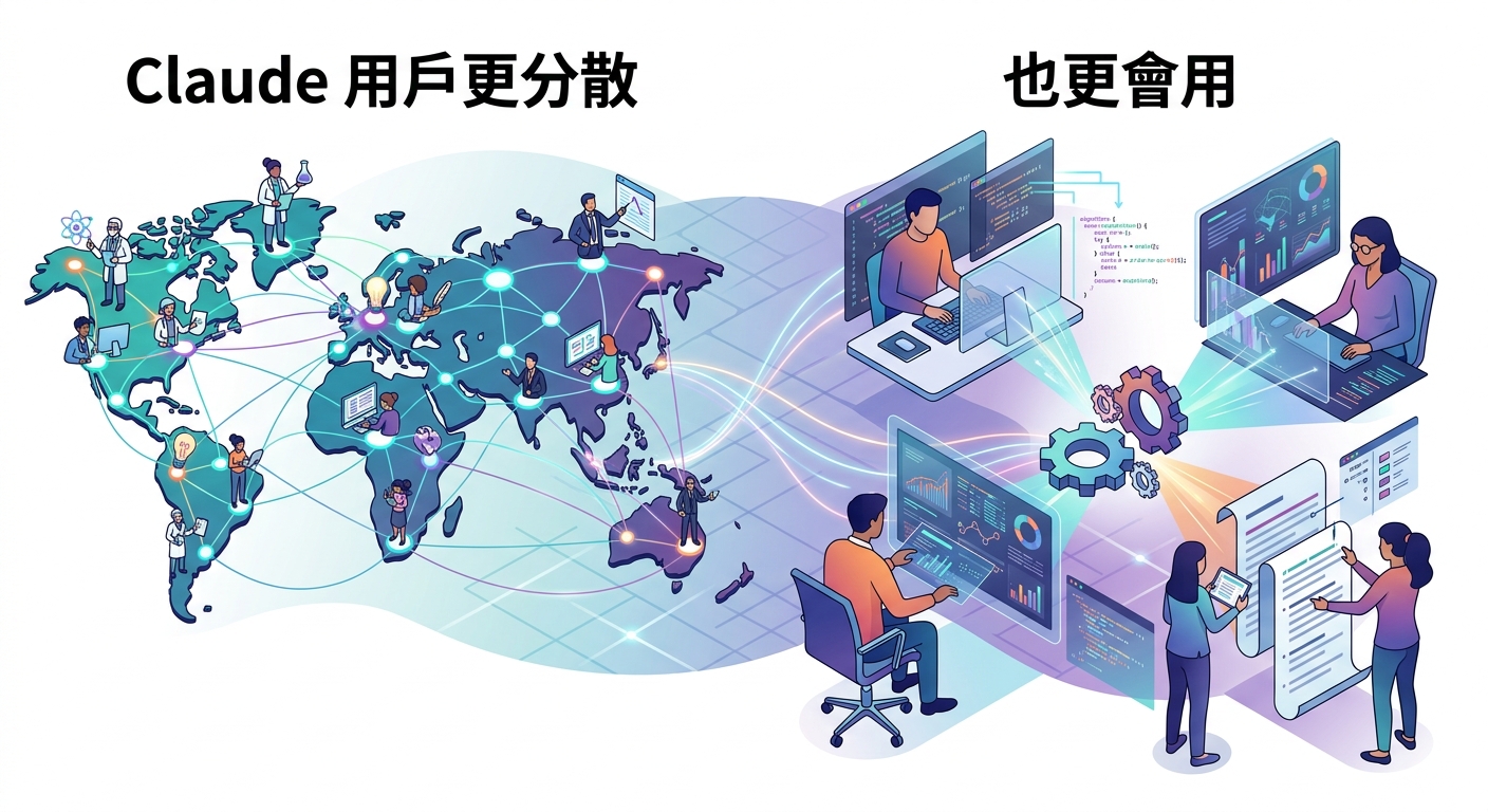 Claude 用戶更分散，也更會用