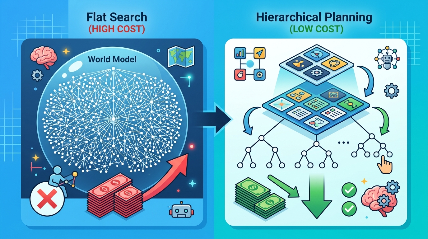 Hierarchical Planning Cuts World-Model Search Cost