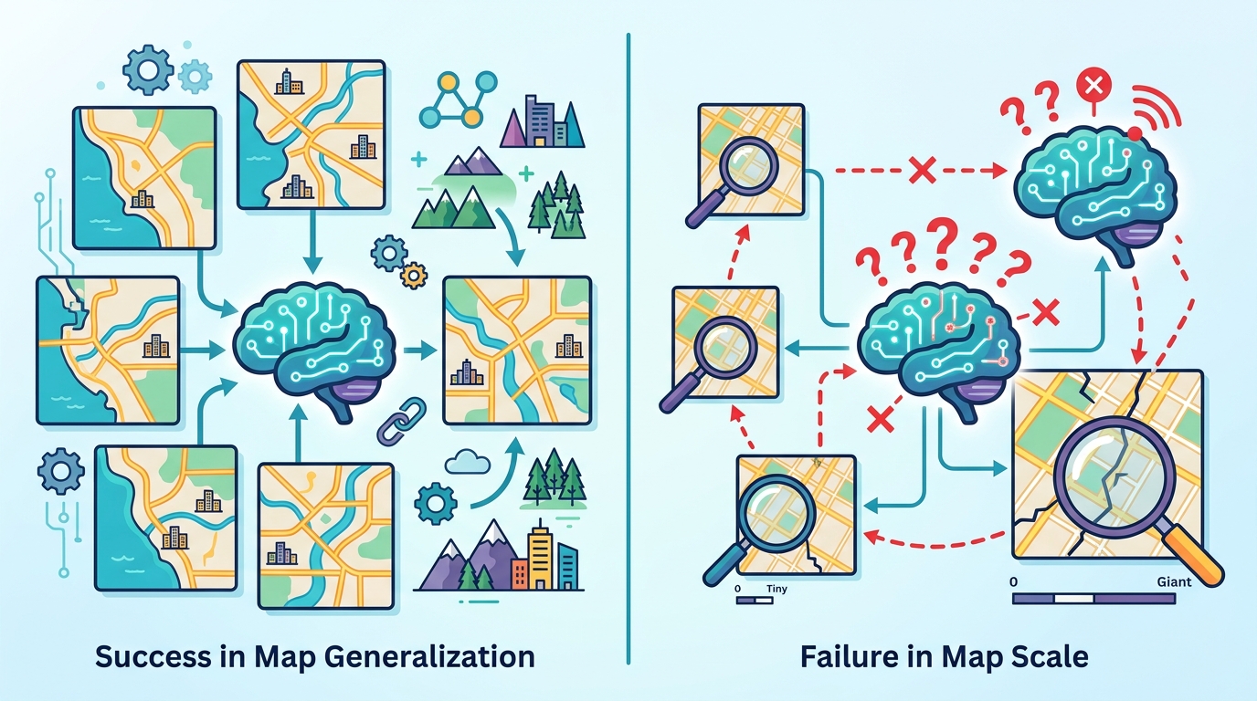 Why LLMs Generalize on Maps but Fail on Scale